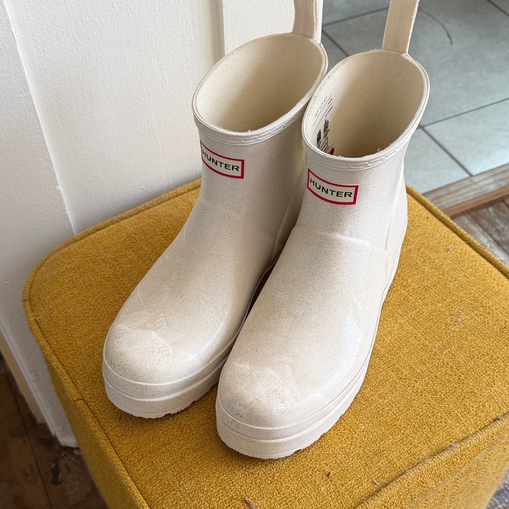 Hunter Cream Ankle Platform Rain Boots